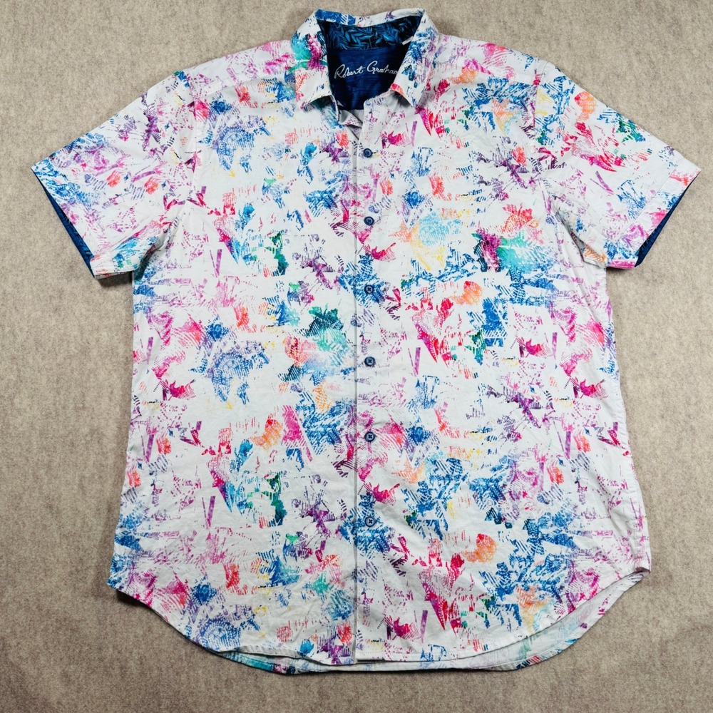 Robert Graham Shirt Mens Large White Multi Abstract Splatter Short Sleeve